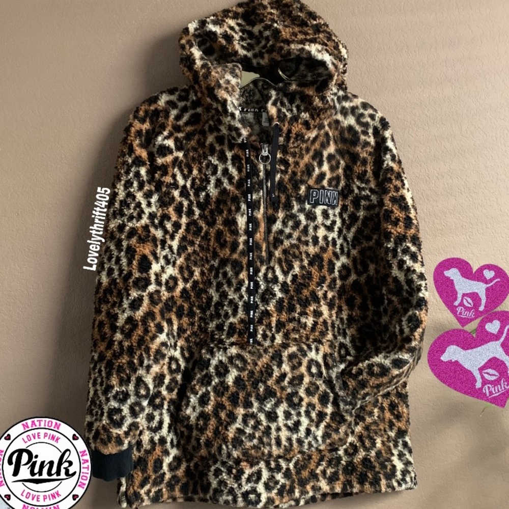VICTORIAS SECRET PINK SHERPA HOODIE BOYFRIEND LEOPARD PRINT SIZE M